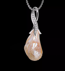 Galatea Carved Peach Lily Freshwater Pearl 14kt White Gold .15ct diamonds