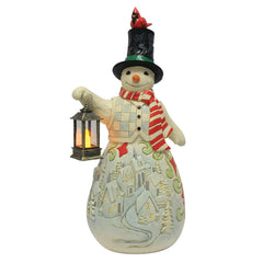 Enesco Jim Shore Heartwood Creek Snowman Holding a Candle Lantern lit up 6019280