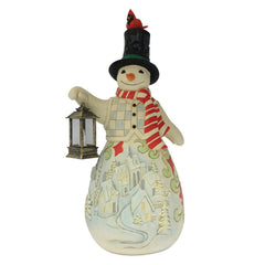 Enesco Jim Shore Heartwood Creek Snowman Holding a Candle Lantern lit up 6019280