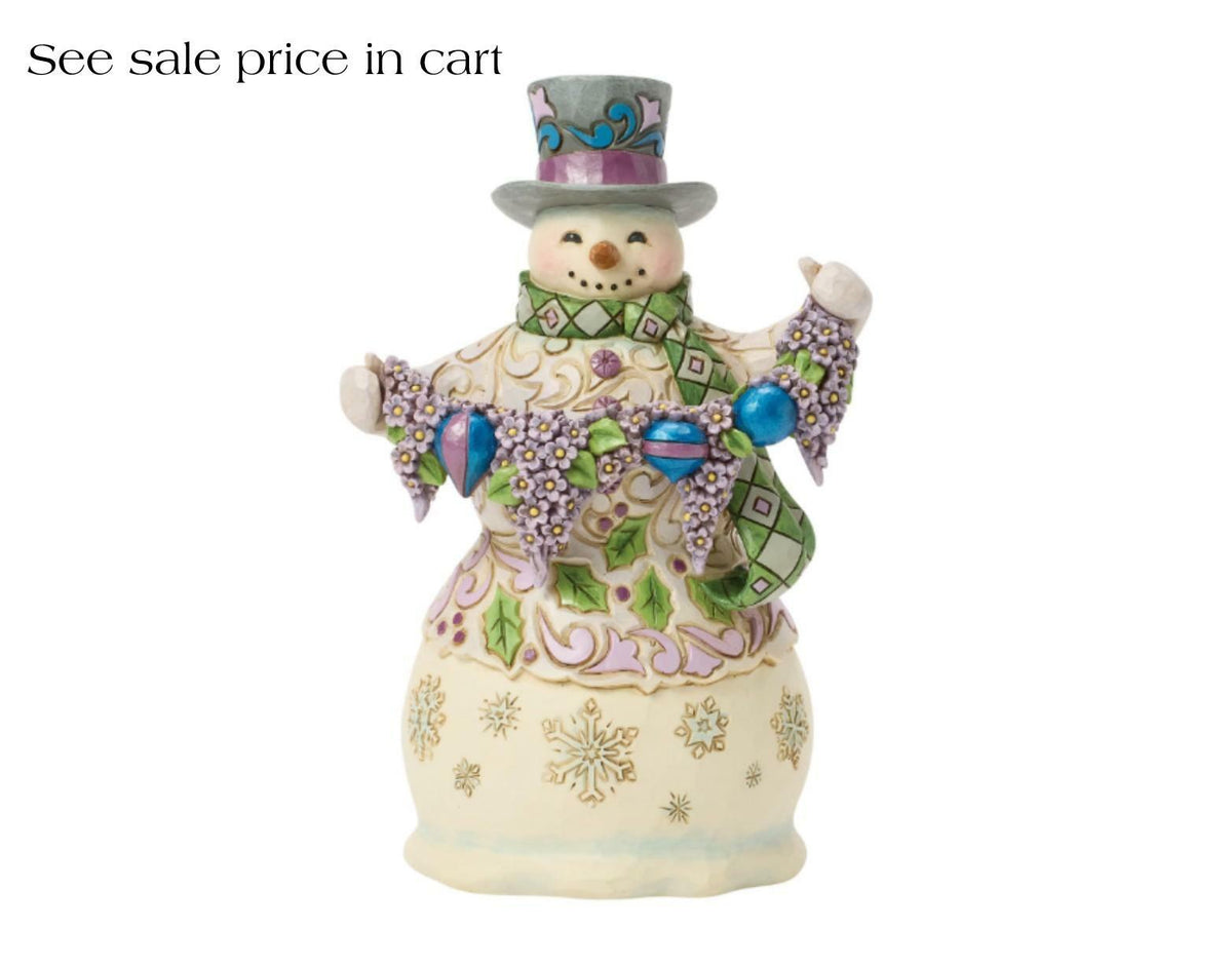 Enesco Jim Shore Heartwood Creek Snowman Holding Purple Flower Garland 6019283