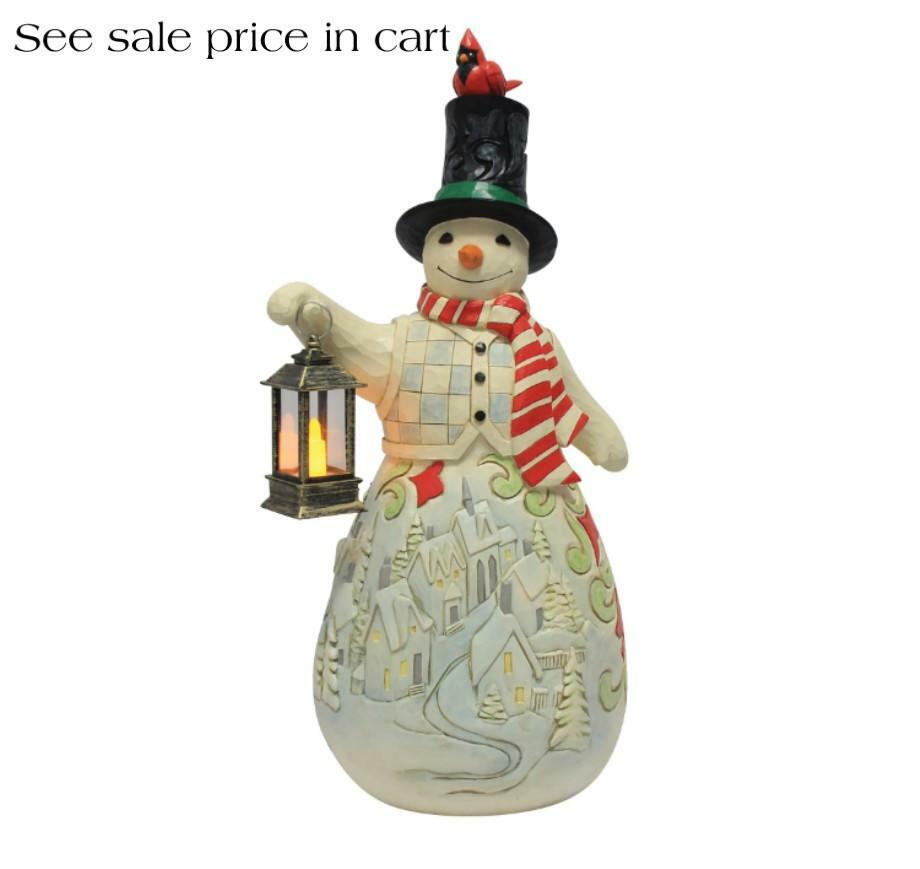 Enesco Jim Shore Heartwood Creek Snowman Holding a Candle Lantern lit up 6019280