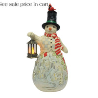 Enesco Jim Shore Heartwood Creek Snowman Holding a Candle Lantern lit up 6019280