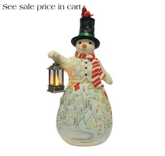 Enesco Jim Shore Heartwood Creek Snowman Holding a Candle Lantern lit up 6019280